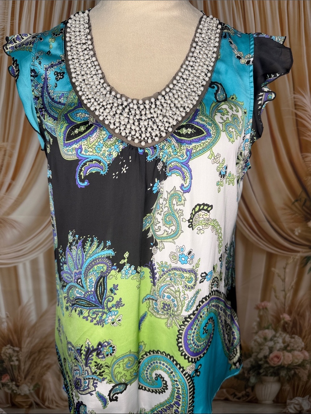 Signature by Larry Levine Teal Lime Black Paisley Beaded-Neck Top